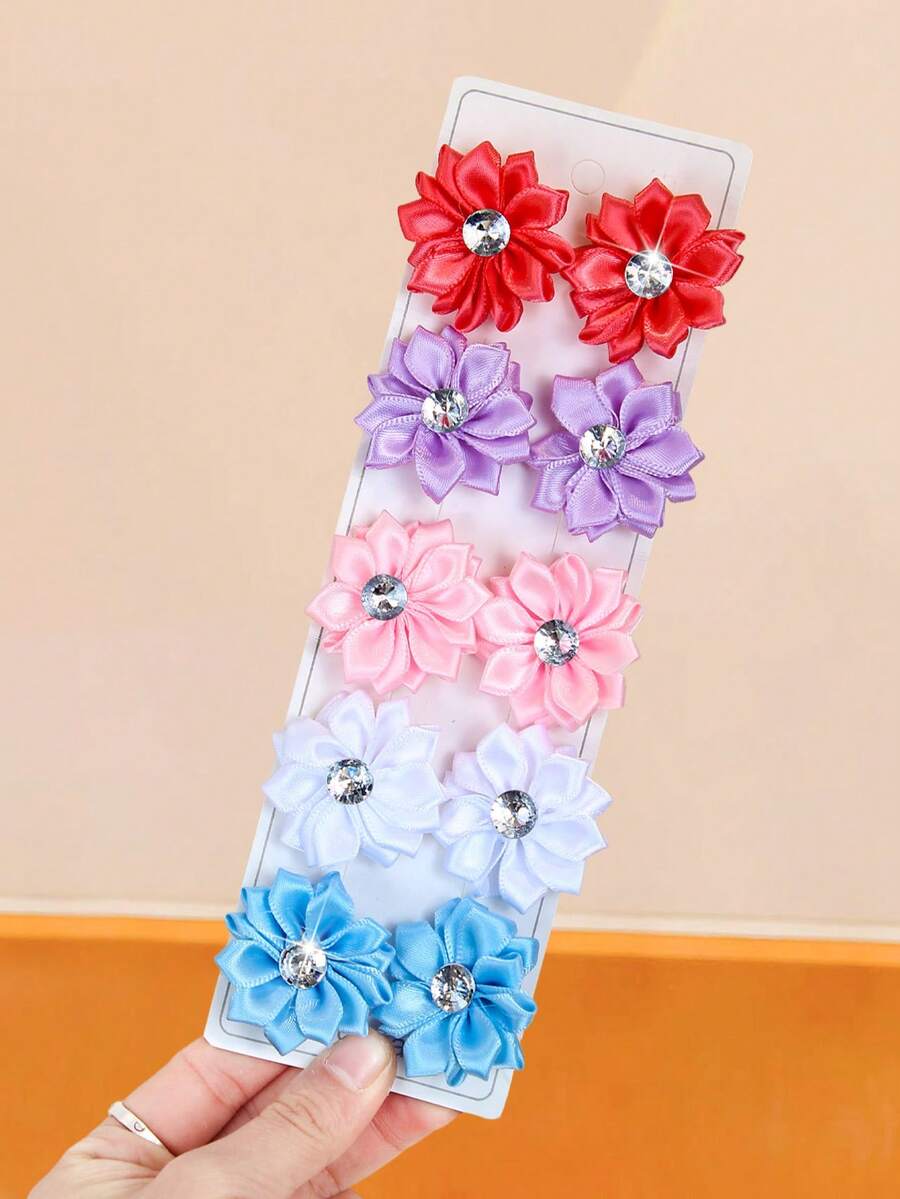 Set de 10 piezas de pasadores para el cabello con flores de rhinestone, 5 colores macarrón frescos - rojo, morado, rosa, blanco, azul - adecuado para niñas y mujeres, para uso diario, escuela, citas y fiestas, verano, vacaciones, viajes - Multicolor - Ver 1