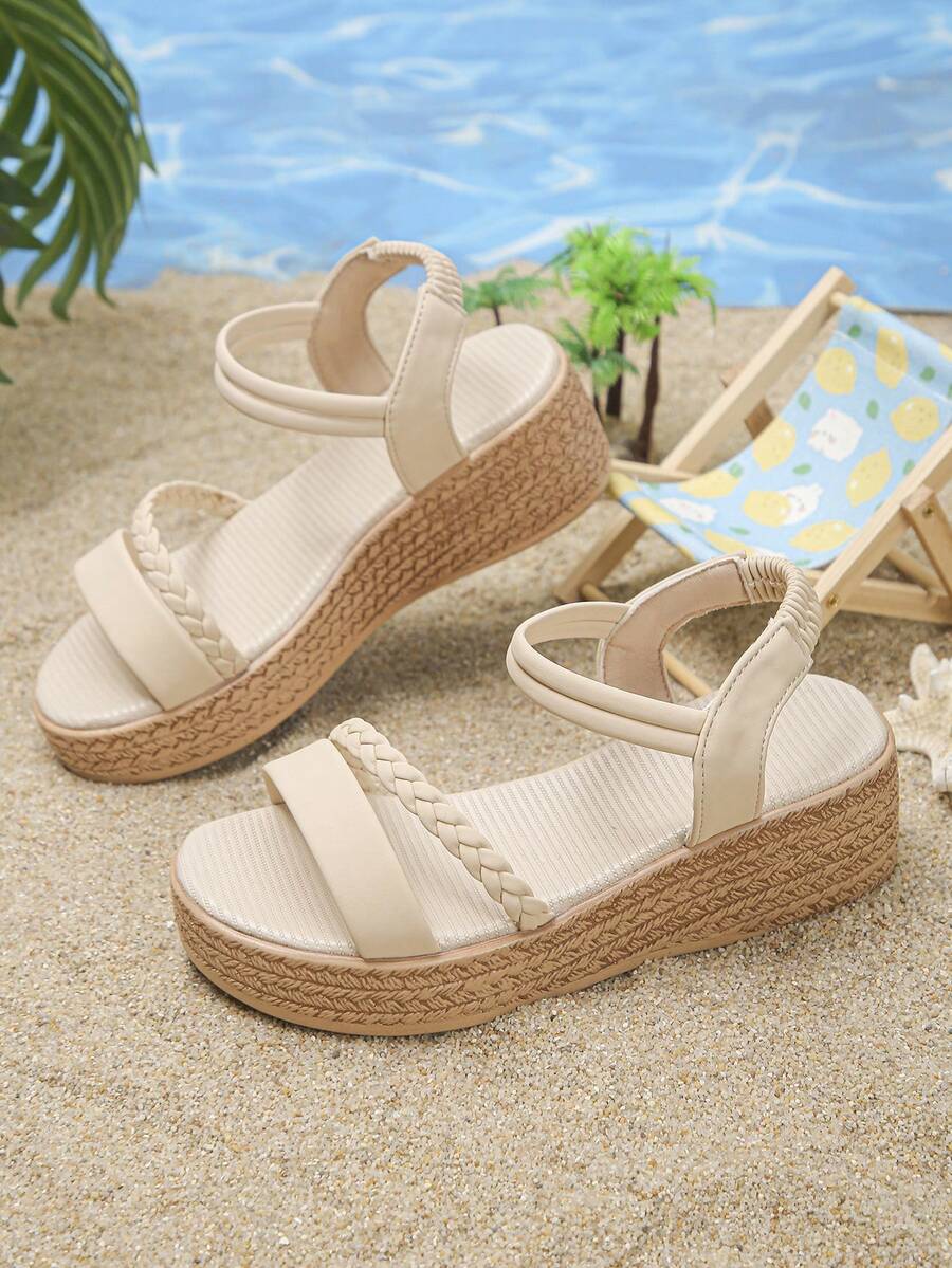 1 Pair Girls' Summer Sandals, Fashionable Minimalist Slip-On Beach Vacation Platform Wedge Thong Sandals - Beige - View 1