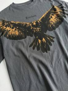 FRACTYR Men's Summer Casual Street Fashion Gold Foil Eagle & Freedom Text Reversible Design Loose Fit Printed Round Neck Short Sleeve T-Shirt - Dark Grey - View 8