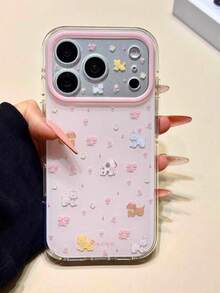 Cute Pink Floral Small Animal Dog Gloss Lens Painted Pattern Phone Case Compatible With IPhone 17 Pro Max 16 15 Pro Max Pink Background Sweet Gentle Spring Summer Shockproof Back 's Gift - Pink - View 3