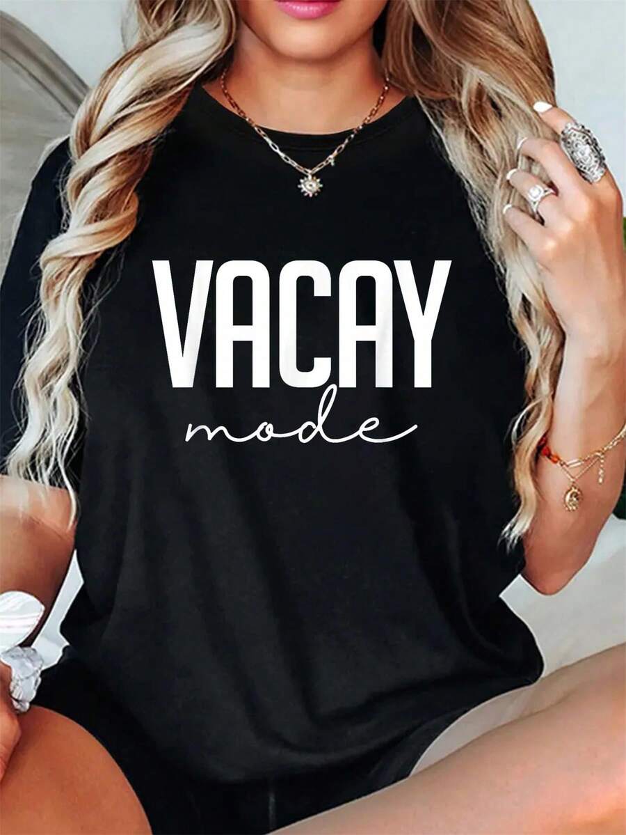 playeras de mujer, Camiseta divertida de regalo para vacaciones de verano con el lema "Modo Vacacion" - Negro - Ver 1