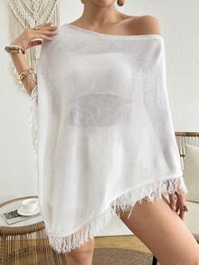 Áo choàng mùa hè dáng rộng tay cánh dơi có tua rua dành cho nữ, chất liệu chiffon thanh lịch, thời trang. - trắng - Xem 6