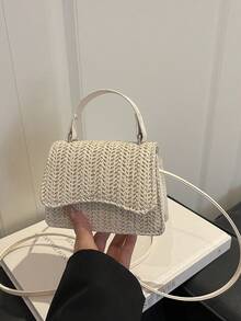 New Retro Fashion Mini Straw Handbag, Flap Opening, Lightweight Minimalist, Small Capacity Casual Shoulder Bag - Beige - View 2