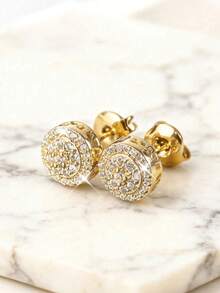2 đôi bông tai đính đá Cubic Zirconia tròn, mạ vàng, phù hợp cho cả nam và nữ, trang sức phong cách hip hop, phụ kiện đôi cho tiệc tùng, quà tặng cho bạn gái/các cặp đôi. - Bông tai - Xem 3