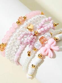 1 Set Cute Faux Pearl & Crystal Butterfly Beaded Bracelet Set, Suitable For Girls, Friendship Jewelry, Party Gift - Multicolor - View 2