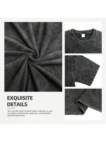 Men's Heavyweight Retro Washed T-Shirt- Loose Fit Street Style Loose Top, Soft Breathable Fabric Suitable For Daily Casual Wear, Machine Washable Retro Pattern Shirt, Geometric Pattern Design, Comfortable Material, Urban Style - màu đen - Xem 3