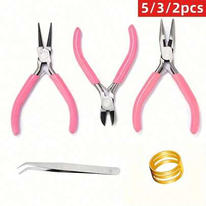 Yiwu Qiyou Accessories Co., LTD 5 قطع / 3 قطع / 2 قطع أدوات كماشة مجوهرات وردية تشمل كماشة قطع السلك المدبب والمستدير والأنف المنحني لصنع المجوهرات وإصلاح الخرز وتغليف السلك، أدوات متعددة الوظائف من الضروريات المنزلية