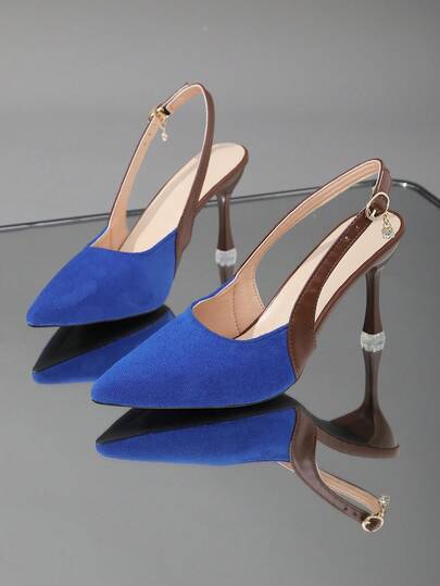 1 par de tacones altos de punta negra con diseño de elástico en la parte trasera, material suave de PU, tacón de aguja delgado, elegante y de moda, adecuado para uso casual, viajes y oficina en verano