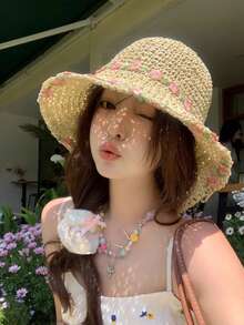 女士草编花朵装饰宽檐帽，可折叠夏季沙滩防晒帽 - 彩色 - 查看 3