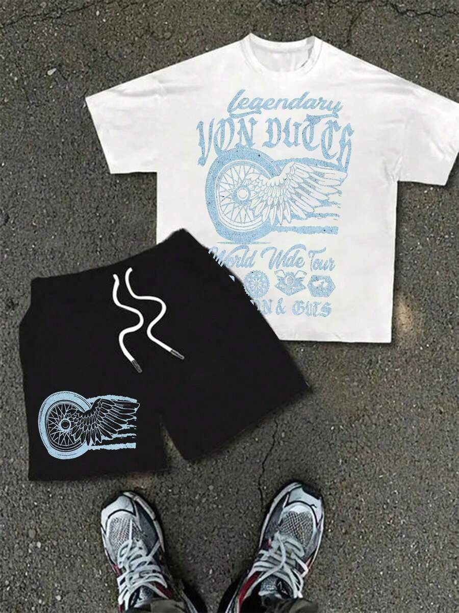 MaraEag Lounge Van Dutch Legendary World Wide Tour Wheel Wing Graphic Men's Short Sleeve Pure Cotton T-Shirt & Shorts Set Loose Fit, Moto Streetwear Vintage Biker Aesthetic Baggy 100% Cotton Pullover Gift - trắng - Xem 1