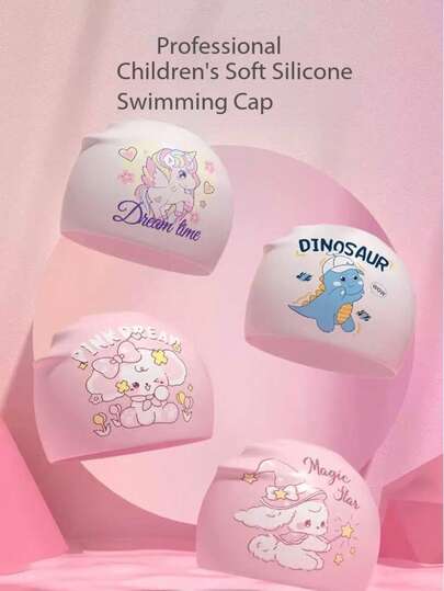 儿童卡通硅胶泳帽，防水，舒适，不紧绷，时尚印花，适合海滩和泳池