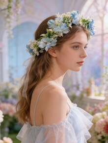 1pc European & American Style Hydrangea Flower Headband, Sweet Floral Hair Accessory For Girls - Baby Blue - View 3