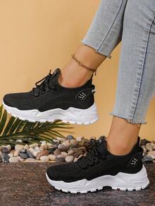 Giày thể thao đế dày lưới dệt kim mới cho nữ mùa Xuân/Hè 2026, giày thể thao thường ngày đế dày, giày sneaker trắng đa năng, phong cách Ins. - màu đen - Xem 4