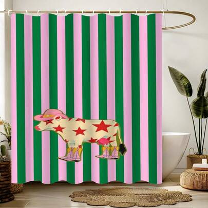 1pc Fun Striped Cow Shower Curtain Splicing Color Scheme Animal Print Shower Curtain Suitable For Bathroom Bathtub Partitions Bathroom Decoration Bathroom Accessories Shower Bathtub Curtain