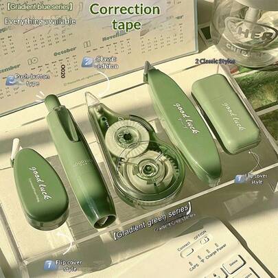 Conjunto de 5 fitas corretivas verde degradê, correção instantânea de erros, material PET macio que não emperra, vários estilos, adequado para escola e escritório, material escolar essencial, grande capacidade, durável, não borra, alta cobertura, design com tampa em formato de caneta, portátil e fácil de guardar, ideal para presentear ou para uso pessoal.