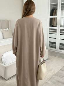 女式长袖前开式长袍，宽松梭织面料长袍，带插肩袖和口袋，略有弹性 - 卡其色 - 查看 4
