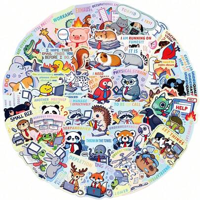 50张卡通工作动物可爱涂鸦贴纸，可用于DIY手账、吉他、杯子、头盔、创意节日装饰