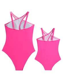 Family Matching Swimsuit Mommy And Me Matching Bathing Suit Summer Beachwear Contrast Color Cutout Criss Cross Halter Neck Sleeveless One Piece Beachwear - 玫紅色 - 查看 4