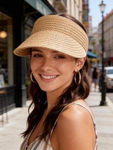 1pc Solid Color Straw Visor Hat, Windproof, UV Protection, 3D Design, Foldable, Fashion Versatile, Elegant Style, Soft & Comfortable, Suitable For Beach, Outdoor, Travel, Hiking, Cycling, And Various Occasions,Summer - Open Top - View 6