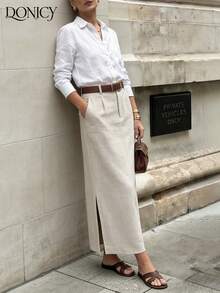 DONICY Women's Beige Wide Leg Trousers With Pockets Chic Casual Full Length Pants - Apricot - View 4