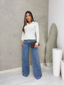 Women's Long-Sleeved Polo Shirt In Ribbed Cotton With V-Neck – Timeless Elegance And Sophisticated Comfort For Autumn/Winter - Off - 查看 2