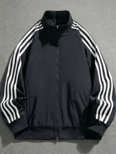 Men's Casual Autumn Jacket With Side Stripe, Loose Fit, Side Pockets, Ribbed Cuffs And Hem, Soft And Comfortable For Outdoor Leisure, Stand Collar