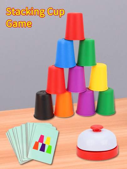 1 Set Stacking Cup Game (Includes Cards, 12 Cups, 1 Bell), A Tabletop Game For Color Sorting And Cognitive Training, Made Of Durable Materials. Portable And Easy To Play Anytime, Anywhere. Cultivates Quick Thinking And Reaction Ability.
