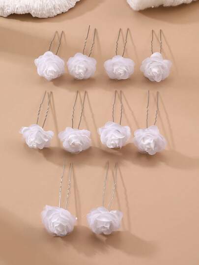 10pcs/Set Girls White Flower Hair Clips Hair Accessories Set, Suitable For Daily Decoration And Wedding Season