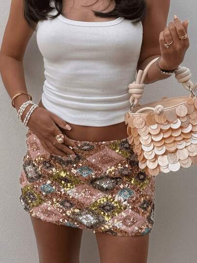 Women Y2K Sequin Mini Skirt Mermaid Sparkle Dance Costume Short Bodycon Skirts Summer Glitter Party Night Out Club Party Wear