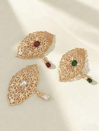 1枚镀金镂空设计女士胸针，奢华复古风格，新娘腕花，饰以彩色水钻，女士礼服配饰，适合正式场合和表演。