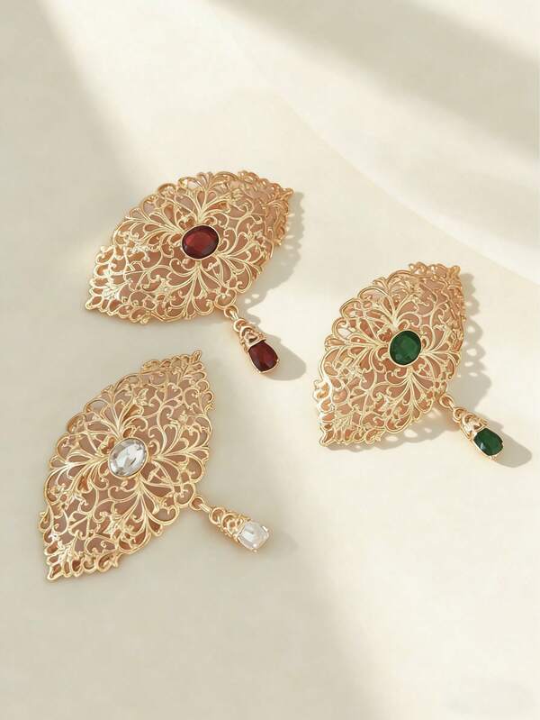 1枚镀金镂空设计女士胸针，奢华复古风格，新娘腕花，饰以彩色水钻，女士礼服配饰，适合正式场合和表演。