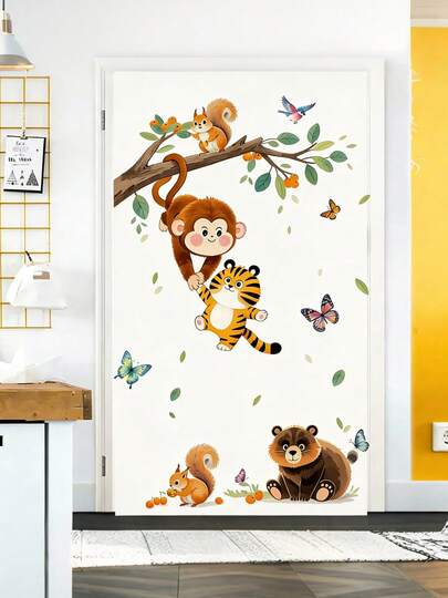 Adorable Monkey Squirrel Tiger Bear Butterfly Self-Adhesive Wall Stickers For Children's Room Bedroom Decorative Pulling Door Decals