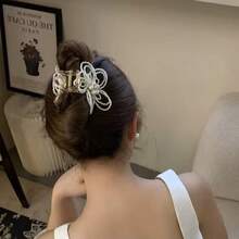 1pc Handmade Elegant Pearl Flower Hair Claw Clip, High-End Bun Updo Hair Claw Hair Accessory - White - View 2