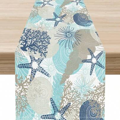 蓝绿色海岸风情桌旗，春夏海星珊瑚航海主题餐桌中心装饰，适用于家居、厨房、餐厅、节日派对、室内/室外装饰