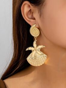 1 par de pendientes colgantes con textura de vida marina vintage, pendientes de nicho de atmósfera de vacaciones en la playa para mujeres - Dorado - Ver 7