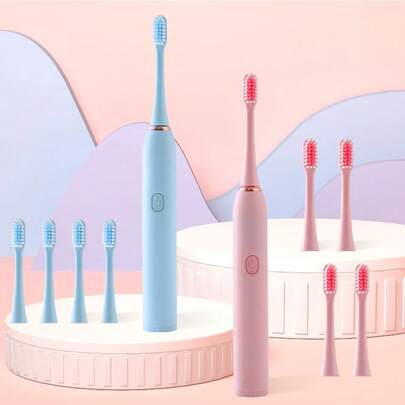 Electric Toothbrush Oral Care Set, Includes 5 Replacement Brush Heads, Vibration, Soft Bristles, One-Button Start, Suitable For Gifting To Family And Partners, Ideal For Travel