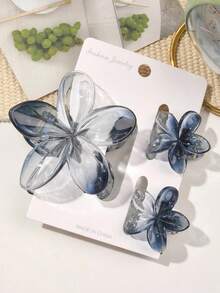 3 Pieces Set Glossy Transparent Gradient Ink Blue Large And Small Frangipani Combination Hair Claw Beach Vacation Style Spring And Summer Bangs Broken Hair Organizing Hair Accessory - Gradient Blue - View 2