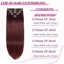 99J Burgundy Hair Clip In Hair Extensions Straight Human Hair 8Pcs 110g Clip In Extensions 100% Brazilian Remy Clip In Hair Extensions Real Human Hair Extensions Clip For Women 22inch - S99J - 查看 3