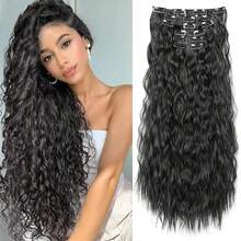 6 piezas de extensiones de cabello sintético rizado y largo, estilo clip-in, material de fibra resistente a altas temperaturas, para mujeres - Multicolor - Ver 2
