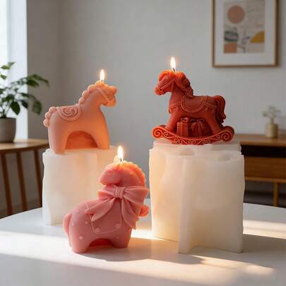 1 khuôn nến silicon hình ngựa đáng yêu, khuôn nến silicon 3D hình ngựa con và ngựa bập bênh dùng để tự làm nến, xà phòng, thạch cao, nhựa resin và trang trí nhà cửa.