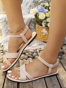 New Fashion Flat Slip-On Strappy Sandals, Minimalist Comfortable Cross-Strap Flat Beach Vacation Sandals In Beige, White, And Black - Beige - View 4