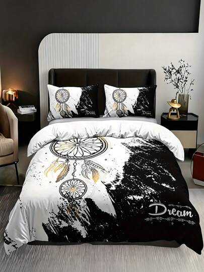 2/3件套波西米亚风捕梦网床上用品套装，含被套（1个被套+1/2个枕套，不含枕芯），时尚黑白捕梦网图案，柔软温暖舒适，适用于卧室、客房、宿舍装饰