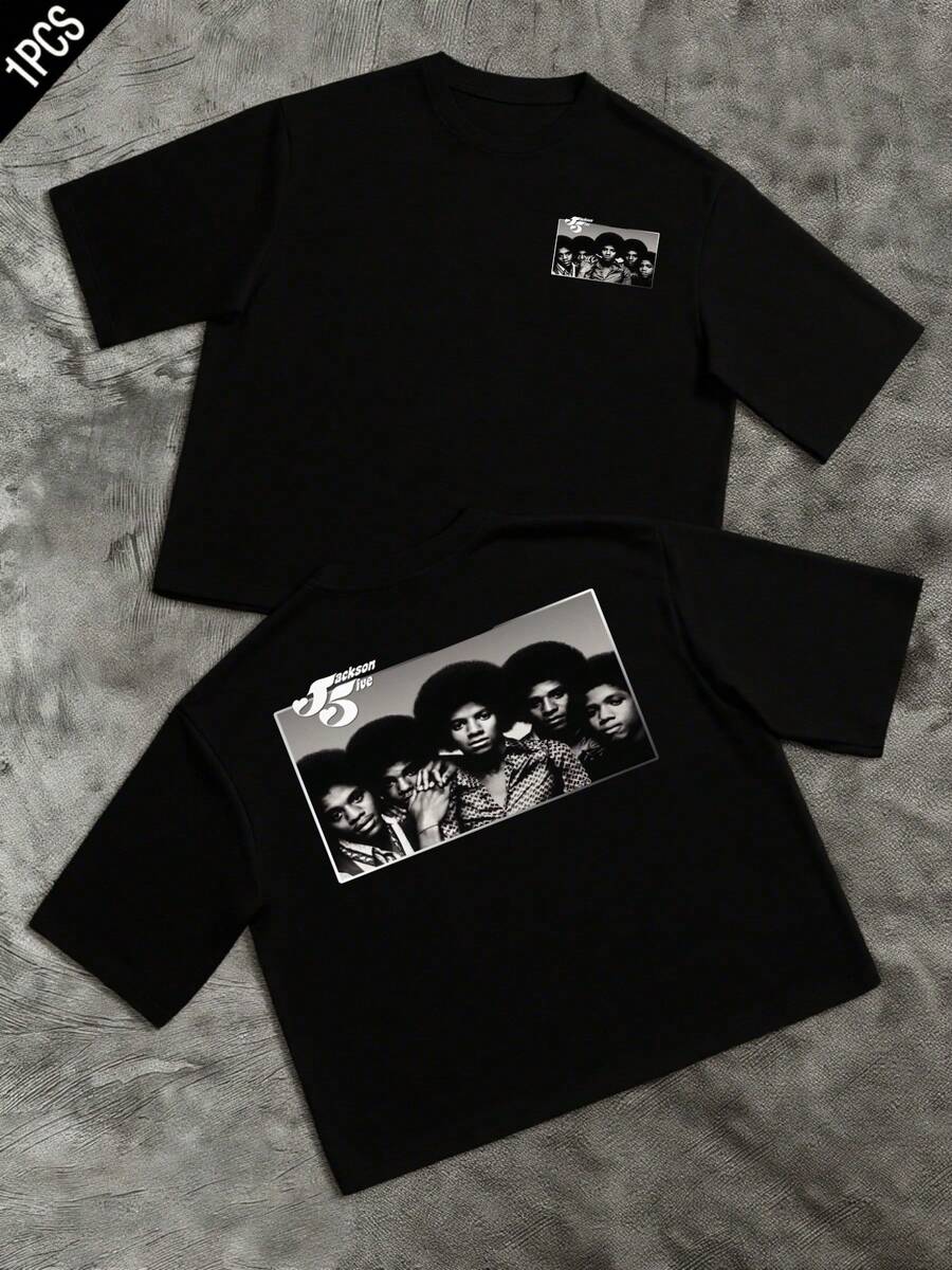 Men's Retro Black Photo Print Double Sided T Shirt Streetwear Vintage Graphic Men Clothes 70s Band Inspired Digital Printed T Shirt Y2K Tee Gifts - màu đen - Xem 1