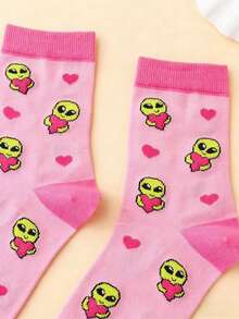 1 Pair Of Fun And Novel Socks, Cartoon Jacquard, Pink Cool Alien Hearts, Mid-Calf Socks, Spring And Summer, Sweet And Cool Girl Style, Personalized Daily Wear, Fun Gift Socks - Pink - View 3