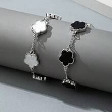 Bộ 1/2 vòng tay dây xích hình cỏ ba lá đen trắng tối giản cổ điển, quà tặng sinh nhật. - Đen và trắng - Xem 2