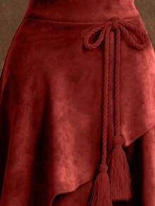 Women's Retro Asymmetrical Knotted Tie Casual Solid Color Elegant A-Line Skirt, European And American Style - Burgundy - View 3
