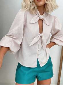 Blusa elegante de manga farol de 3/4 con cuello de corbata a rayas, diseño de doble lazo, de corte holgado, color rosa, para primavera - Rosa - Ver 3