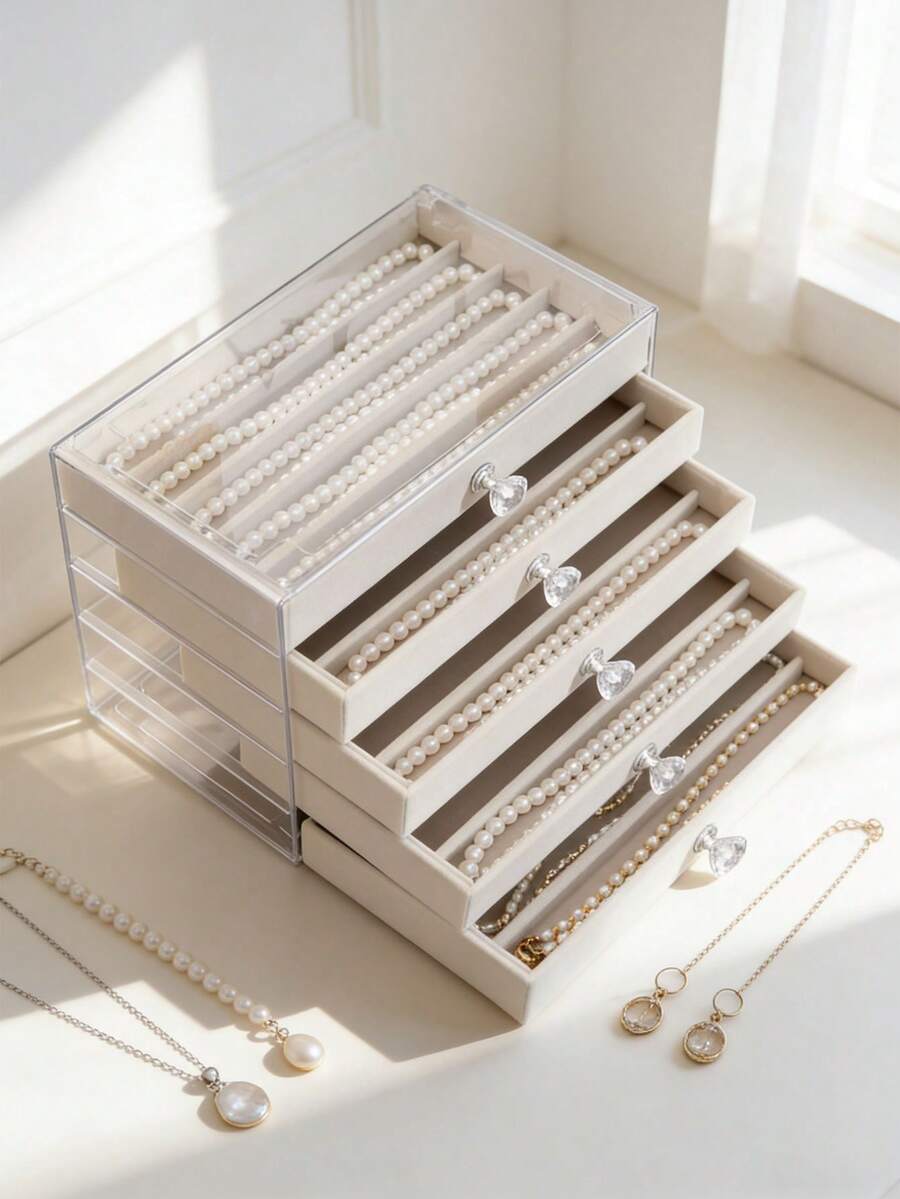 1个多功能首饰盒，1/3/5层项链收纳盒，抽屉式首饰整理盒，适用于耳环、戒指、项链、手镯，适合珠宝店和日常使用，大容量，是送给女性和女孩的理想礼物。