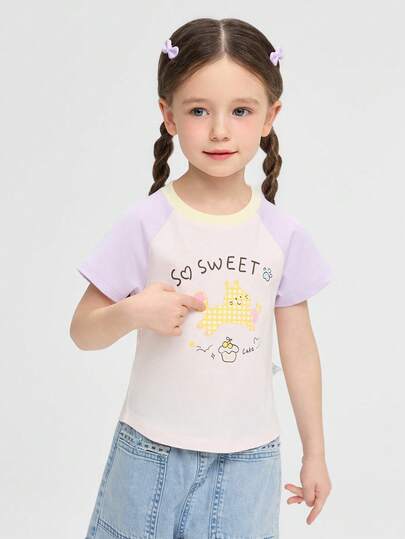 Balabala Maglietta a maniche corte con stampa grafica di cartoni animati carini e blocchi di colore per ragazze, adatta per l'estate