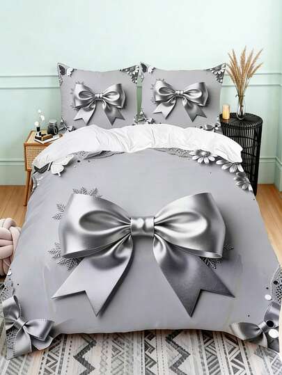 3件套2D奢华银色蝴蝶结床上用品套装（1个被套+1/2个枕套，不含枕芯），2D金属蝴蝶结床上用品套装，柔软温暖舒适的床上用品套装，适用于卧室、客房、宿舍装饰